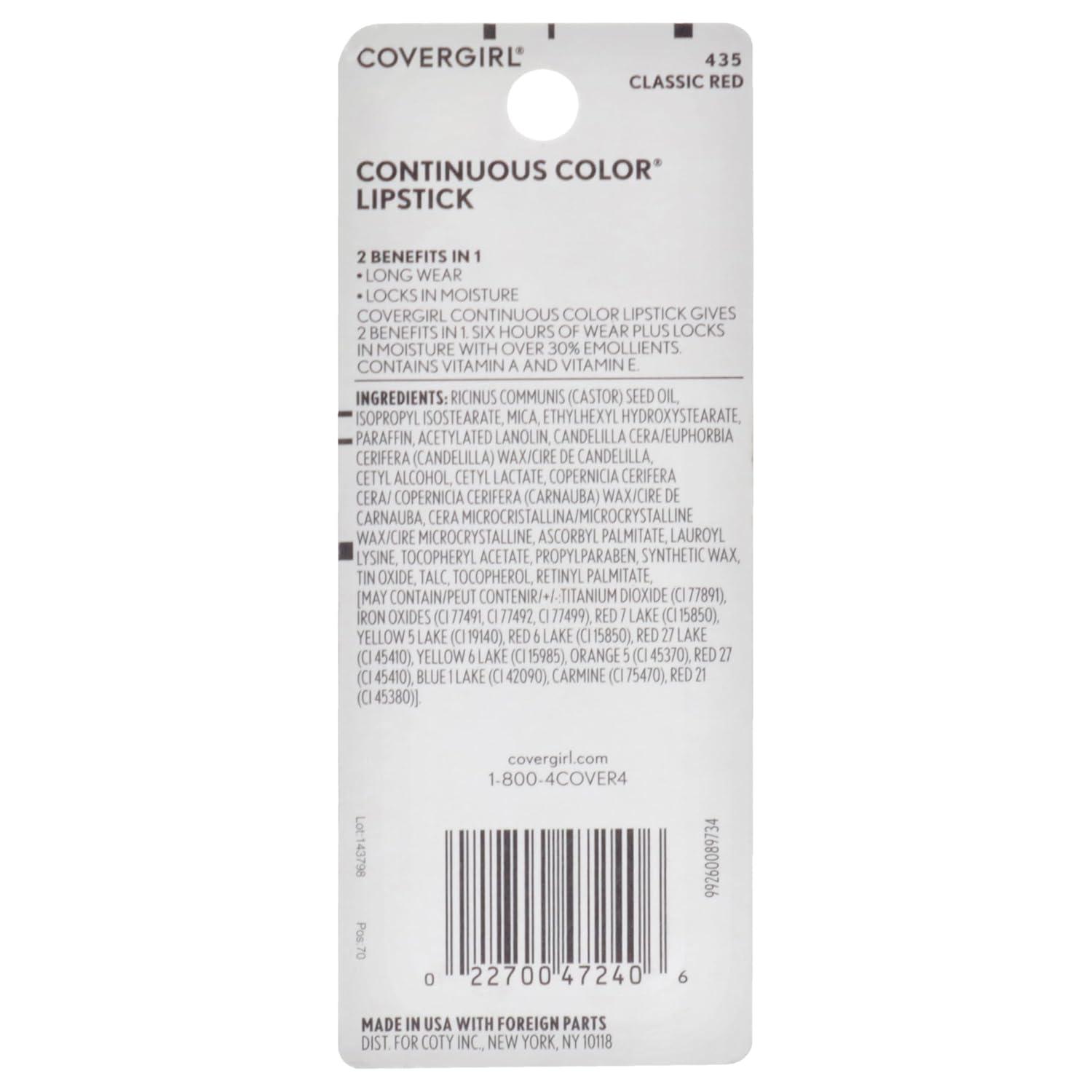 imageCOVERGIRL Continuous Color Lipstick Its Your Mauve 030 013 oz packaging may varyClassic Red 435