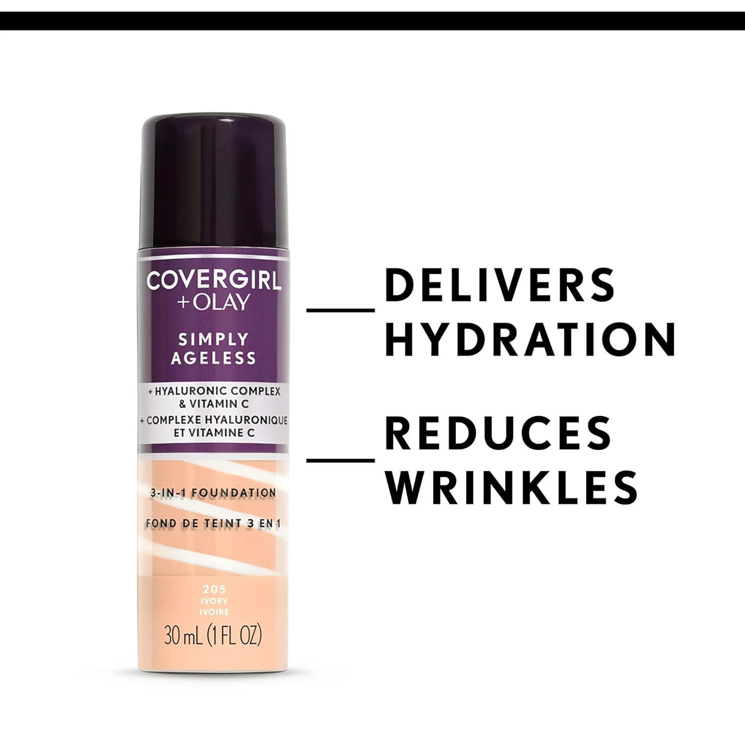 imageCOVERGIRL amp Olay Simply Ageless 3in1 Liquid Foundation Matte Finish Hyaluronic amp Vitamin C Formula 275 Soft Sable 1 Count225 Buff Beige Pack of 1
