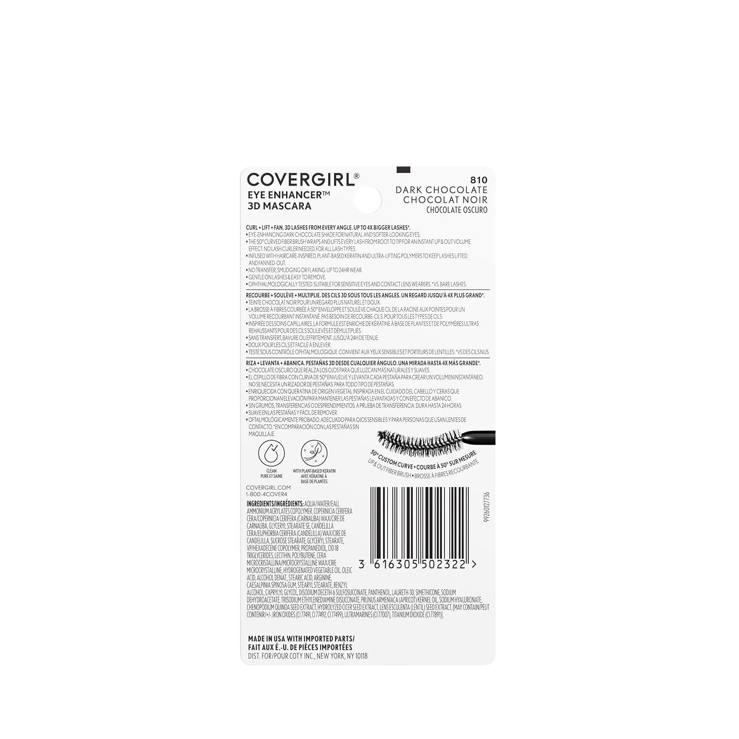 imageCoverGirl Eye Enhancer Intense Black 3D Mascara Curved Fiber Brush PlantBased Lifting Wax For All Lash Types 24Hour Wear TransferProof FlakeFree 030ozDark Chocolate