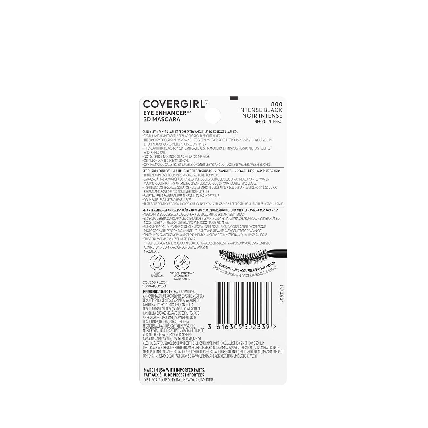 imageCoverGirl Eye Enhancer Intense Black 3D Mascara Curved Fiber Brush PlantBased Lifting Wax For All Lash Types 24Hour Wear TransferProof FlakeFree 030ozIntense Black