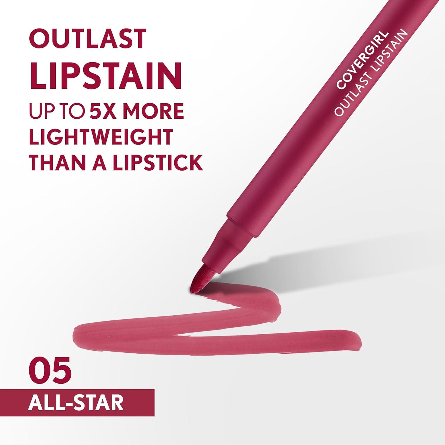 imageCovergirl Outlast 05 AllStar Lipstain Smooth Application Precise PenLike Tip TransferProof Satin Stained Finish Vegan Formula 006oz05 AllStar