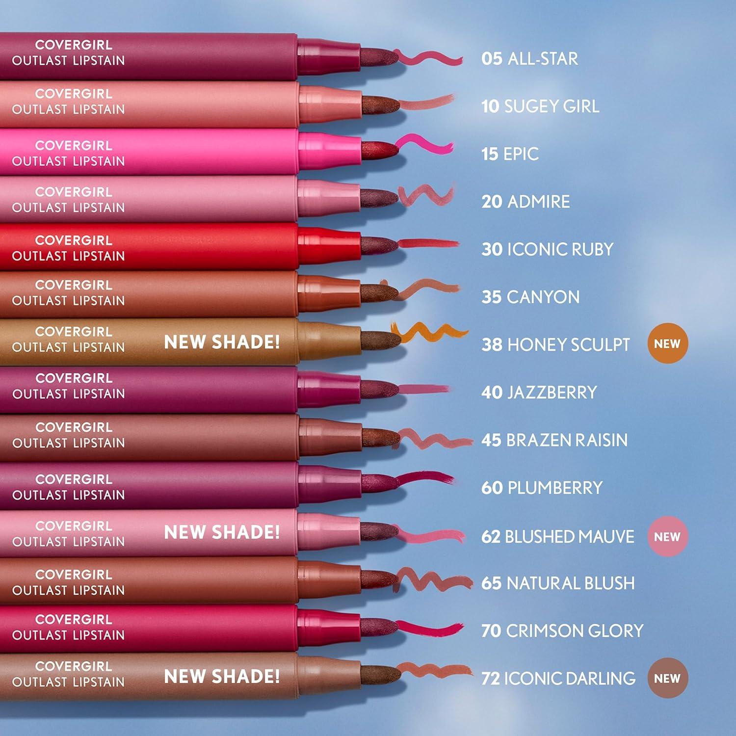 imageCovergirl Outlast 05 AllStar Lipstain Smooth Application Precise PenLike Tip TransferProof Satin Stained Finish Vegan Formula 006oz62 Blushed Mauve