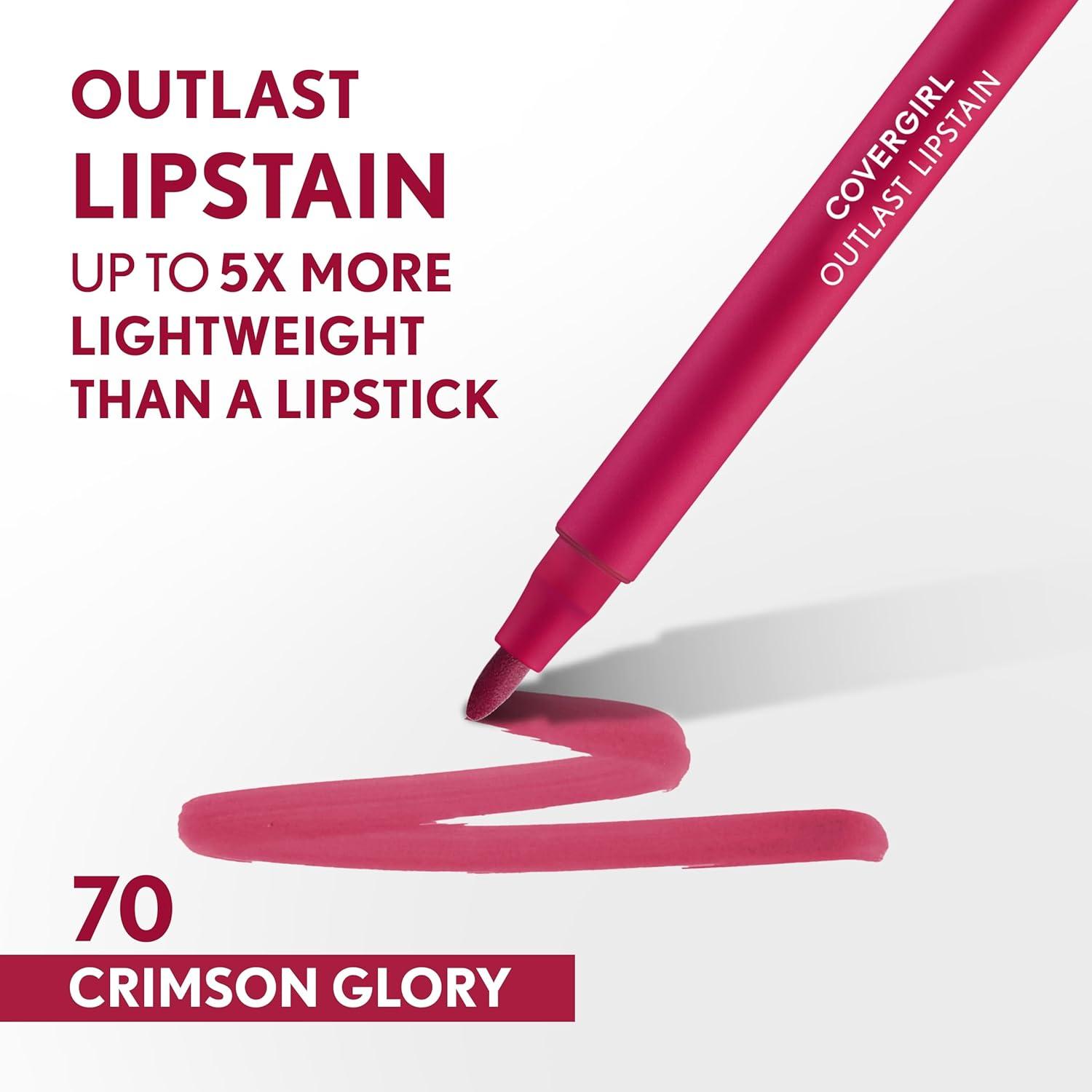 imageCovergirl Outlast 05 AllStar Lipstain Smooth Application Precise PenLike Tip TransferProof Satin Stained Finish Vegan Formula 006oz70 Crimson Glory