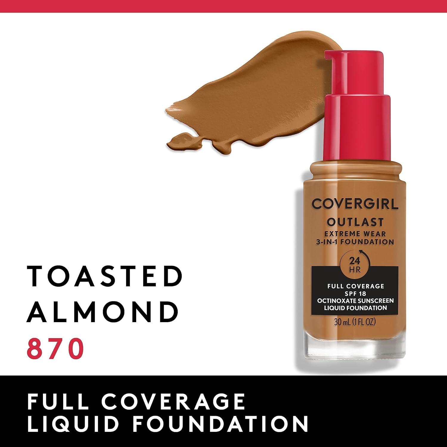 imageCovergirl Outlast Extreme Wear 3in1 Full Coverage Liquid Foundation SPF 18 Sunscreen Fair Ivory 1 Fl OzToasted Almond
