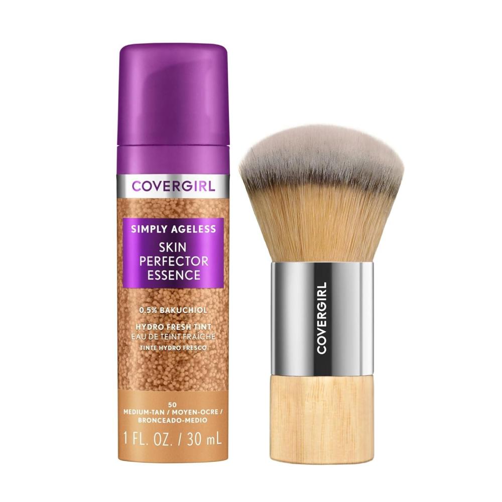 imageCovergirl Simply Ageless Skin Perfector Essence Foundation 75 RichDeep Tinted Skincare Makeup Hybrid Sheer Tint Radiant Finish Glowy Finish Vegan Formula 10ozBundle 50 Medium Tan  Blending Brush