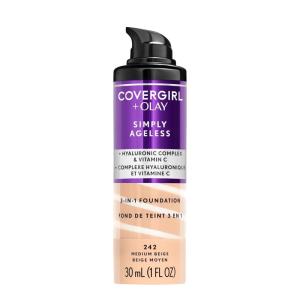 COVERGIRL & Olay Simply Ageless 3-in-1 Liquid Foundation, Matte Finish, Hyaluronic & Vitamin C Formula, 275 Soft Sable, 1 Count(242 Medium Beige (Pack of 1))