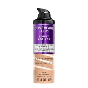 COVERGIRL & Olay Simply Ageless 3-in-1 Liquid Foundation, Matte Finish, Hyaluronic & Vitamin C Formula, 275 Soft Sable, 1 Count(245 Warm Beige (Pack of 1))