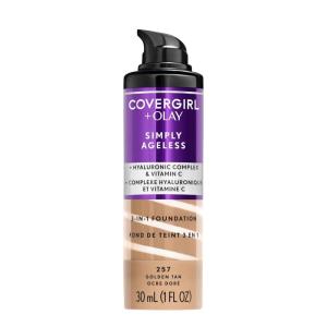 COVERGIRL & Olay Simply Ageless 3-in-1 Liquid Foundation, Matte Finish, Hyaluronic & Vitamin C Formula, 275 Soft Sable, 1 Count(257 Golden Tan (Pack of 1))