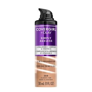 COVERGIRL & Olay Simply Ageless 3-in-1 Liquid Foundation, Matte Finish, Hyaluronic & Vitamin C Formula, 275 Soft Sable, 1 Count(260 Classic Tan)