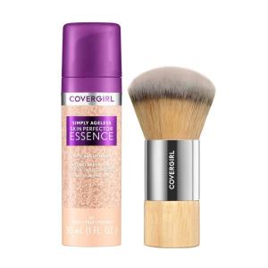 Covergirl Simply Ageless Skin Perfector Essence Foundation, 75 Rich-Deep, Tinted Skincare Makeup Hybrid, Sheer Tint, Radiant Finish, Glowy Finish, Vegan Formula, 1.0oz(Bundle: 20 Light + Blending Brush)