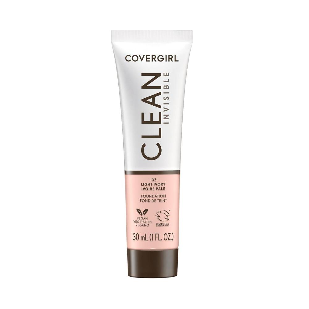 imageCOVERGIRL Clean Invisible Foundation Makeup Dewy amp Glowy Natural Finish Buildable Coverage SkinLike Smooth Look Vegan Java 1ozLight Ivory