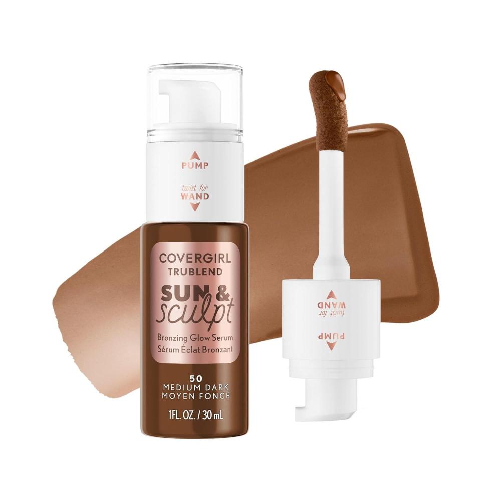 imageCOVERGIRL TruBlend Sun amp Sculpt Bronzing Glow Serum Buildable Radiant Glow Wand and Pump Applicator  30 Light Medium50 Medium Dark